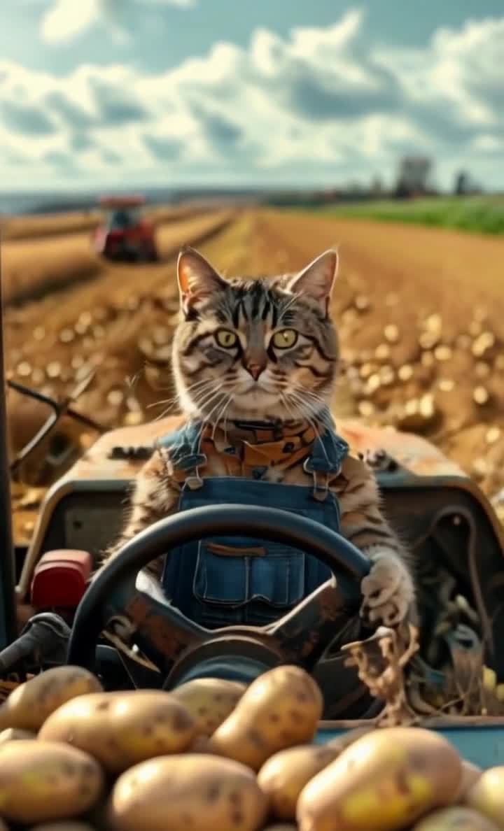 猫开拖拉机收土豆：辛勤的农田劳动者
