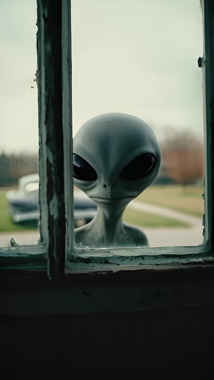 一个灰色的外星人透过一个老旧的窗户向外看，时间设定