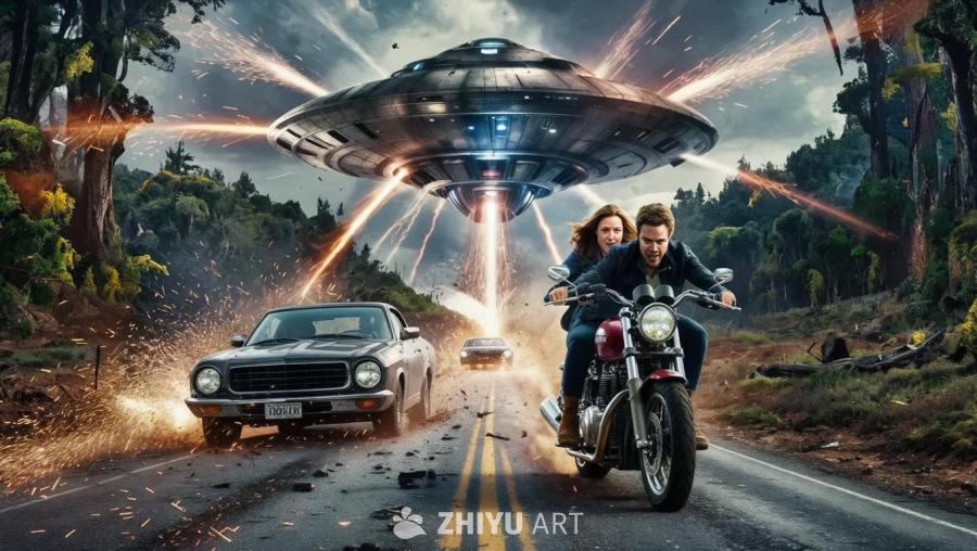 一个超现实的外星飞船盘旋在空无一人的道路上，发出脉