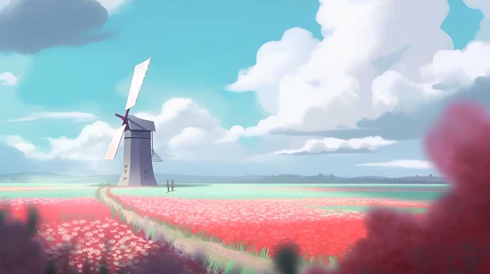 风车插画夏季美景
