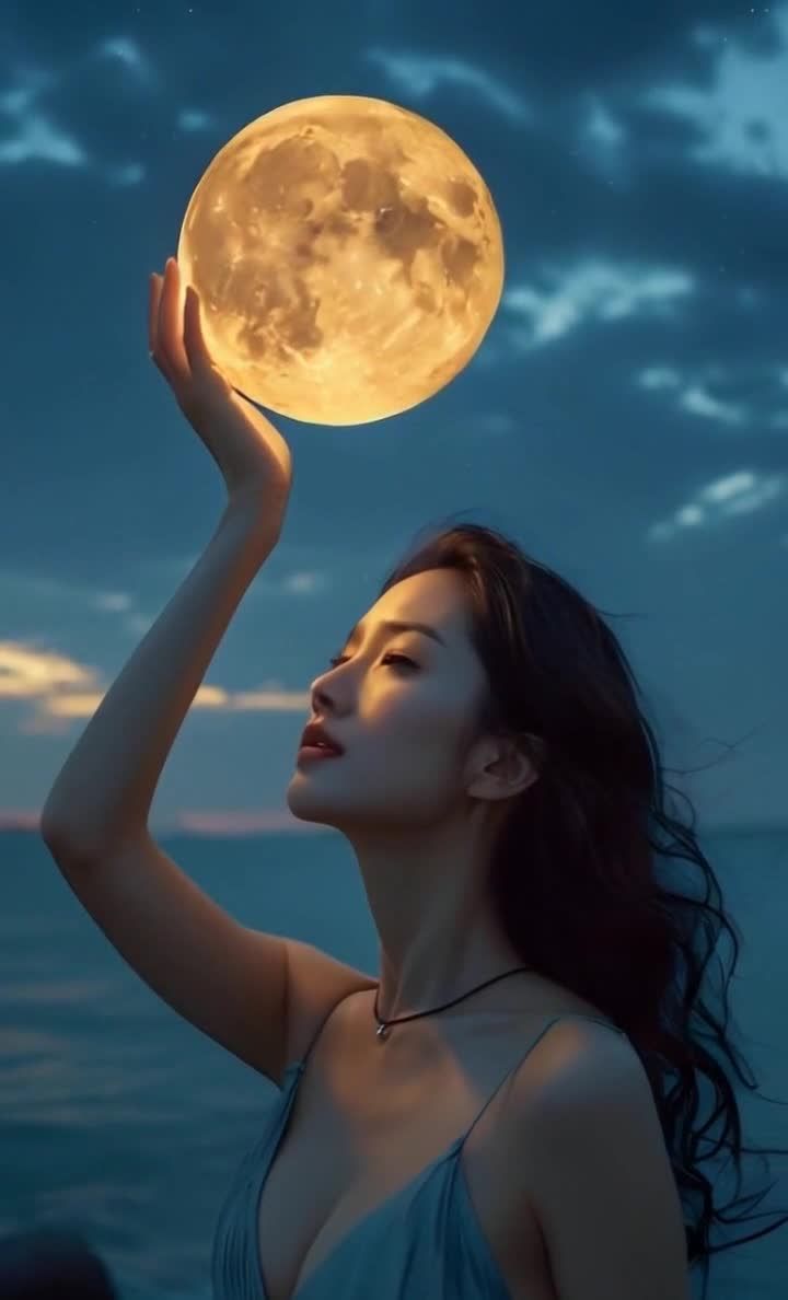 一名女子举起手臂，手掌托着一轮明月。天空呈现出蓝色