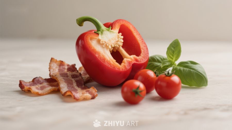 红椒培根与樱桃番茄的组合
