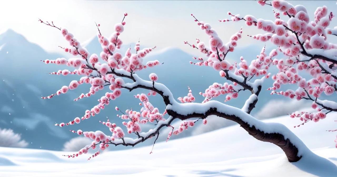 雪中盛开的粉色梅花，山景与雪的诗意画卷