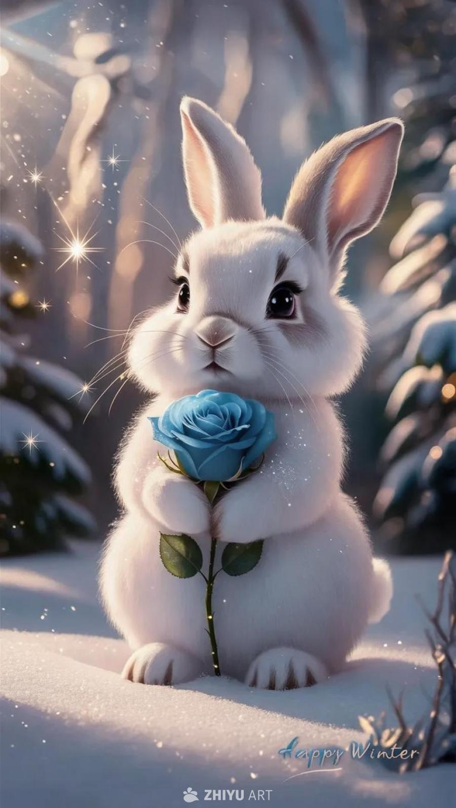 一只白色的小兔子站在白雪覆盖的地面上，它的爪子里轻