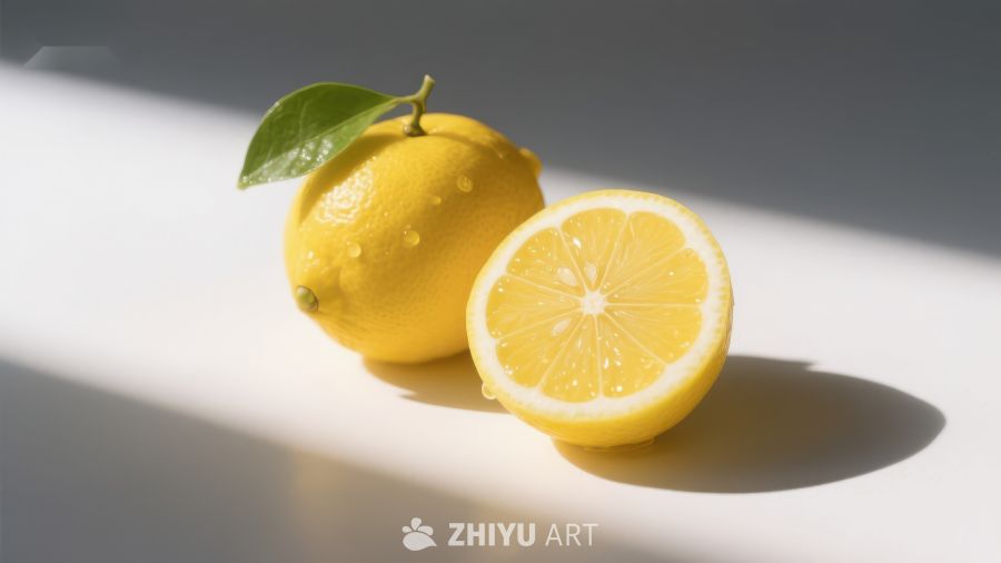 新鲜柠檬切片与完整柠檬的光影展示