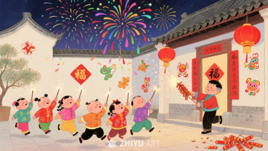 新年庆祝：孩子们放鞭炮，烟花绽放 1057