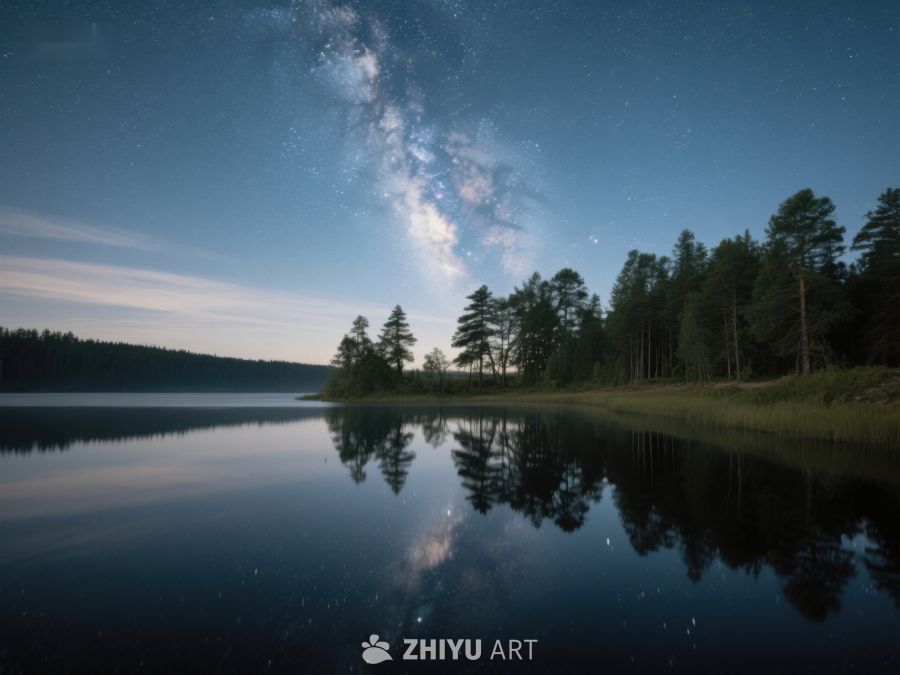 夜空银河映湖面，松林静谧倒影美 424