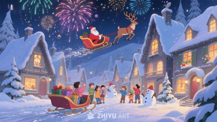 圣诞夜雪村，欢庆烟花与礼物 220