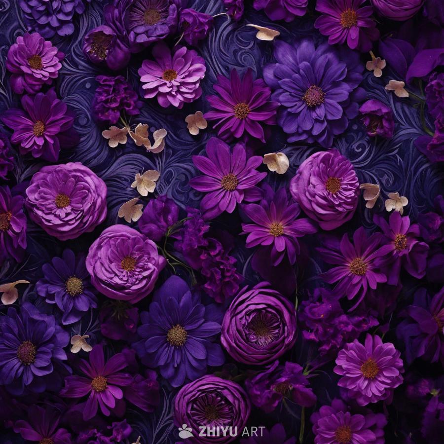 紫色花朵构成了一幅生机勃勃、繁茂的场景，形成了一种