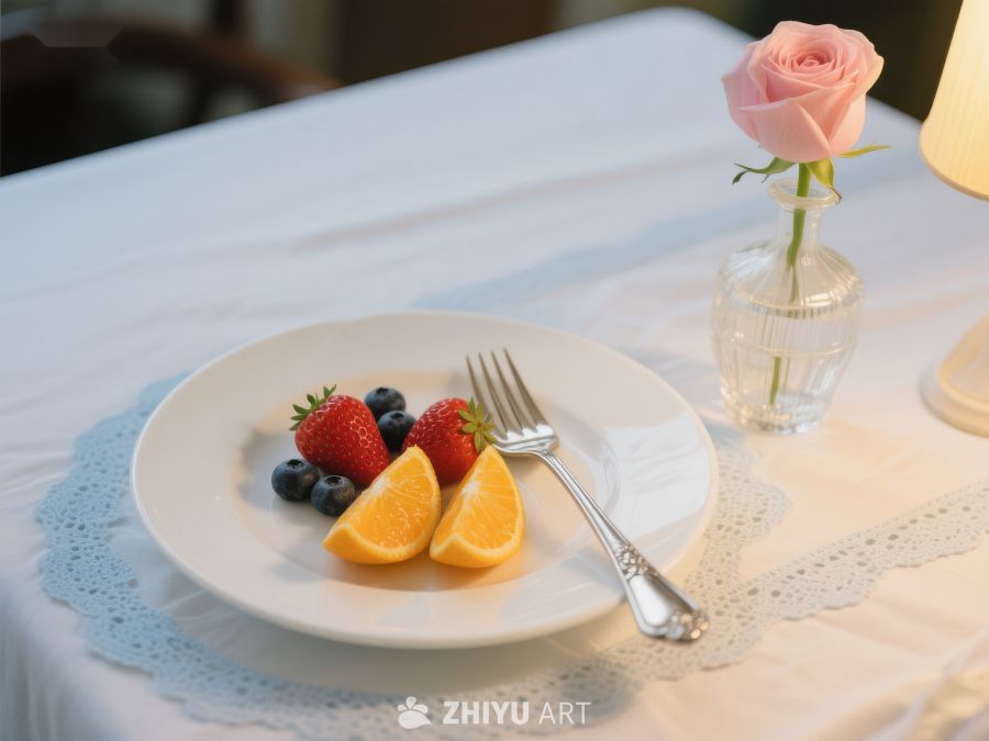 精致早餐：水果盘与粉色玫瑰 339