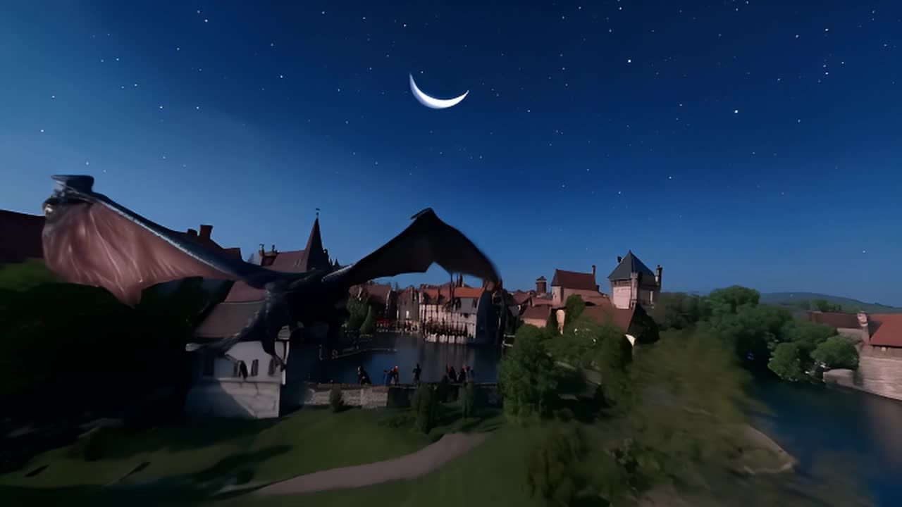 一条巨大的喷火龙在夜晚飞越一个建在湖上的木制中世纪