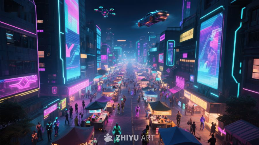 霓虹闪烁的未来都市夜景 425