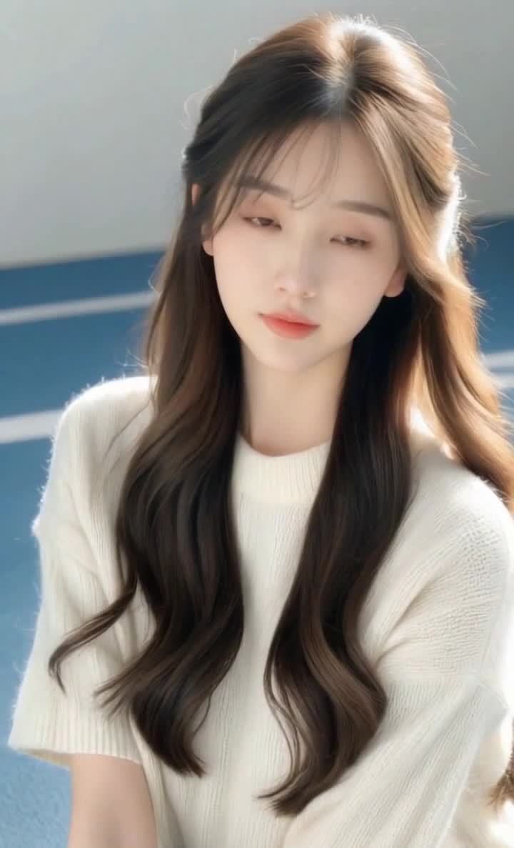 一位长发披肩的年轻女子，身穿白色毛衣，在蓝色的背景