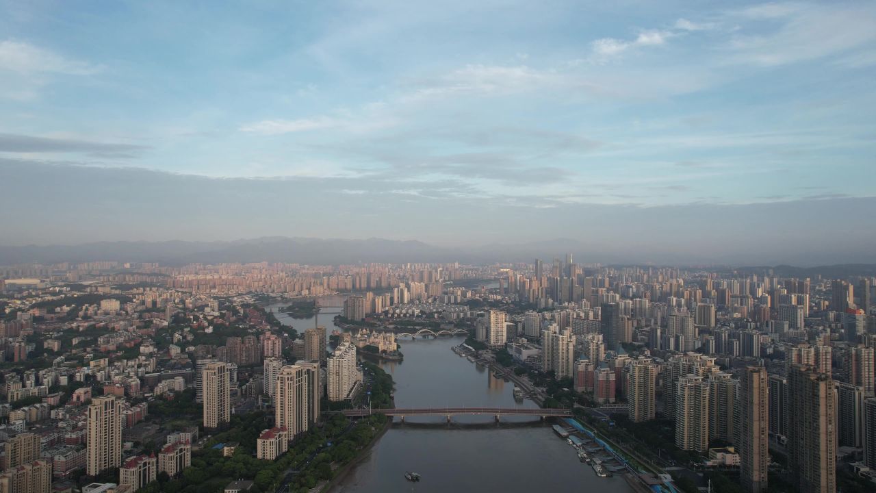 福建福州城市清晨闽江日出航拍