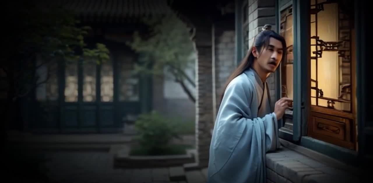 一名男子身着蓝色长袍站在窗外，他有着束起的长发，正