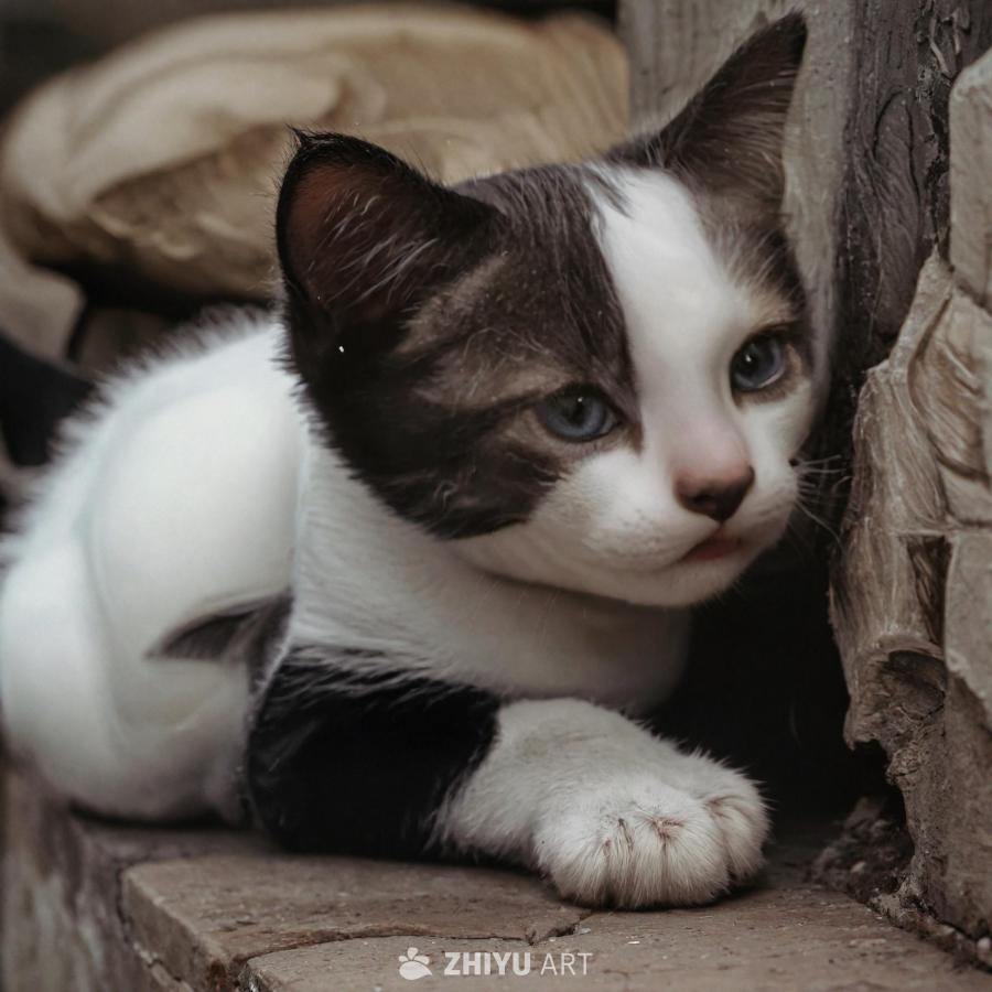 一只毛茸茸的黑白小猫坐在石头表面，可能是混凝土墙或