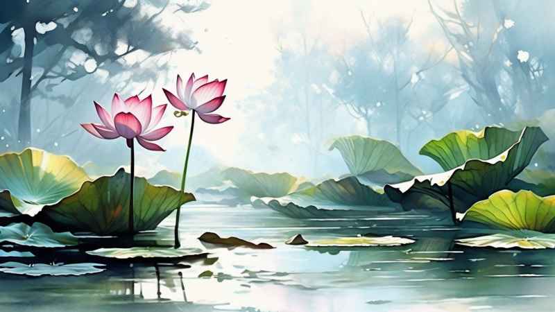 荷花精致淡彩水墨插画 1