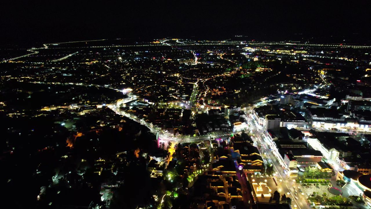 丽江古城夜景灯光航拍 