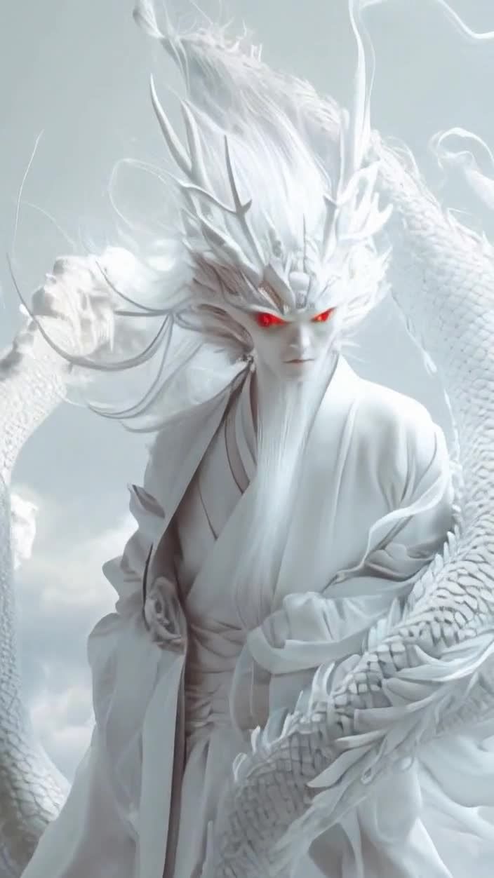 白发红眼龙角男子与白龙，庄严气势画面。