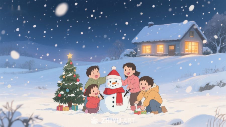 雪夜家庭堆雪人 363