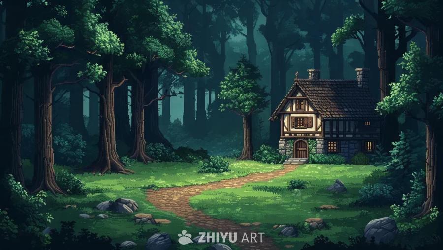 像素风格的画面中，一片昏暗的森林映入眼帘，树木高大