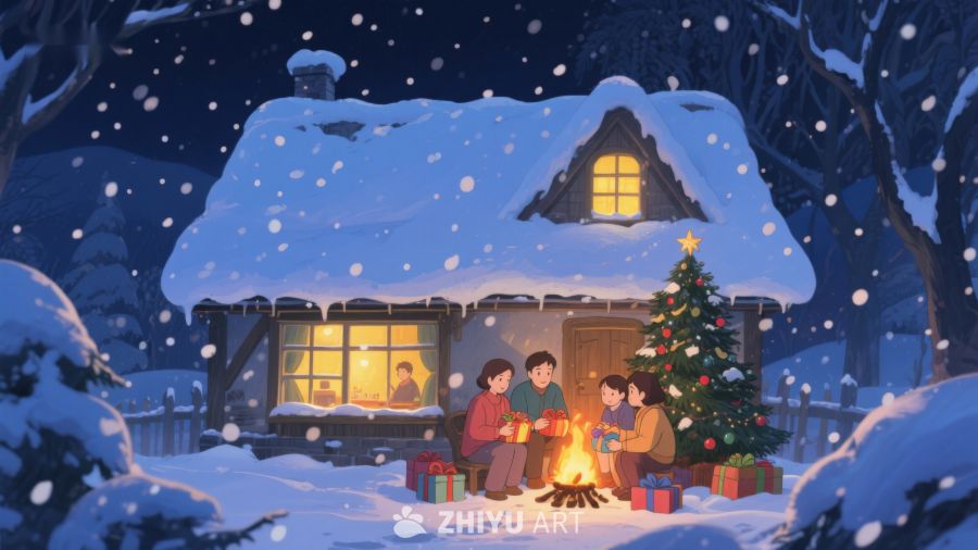 冬夜雪景中家庭围炉庆祝圣诞 138