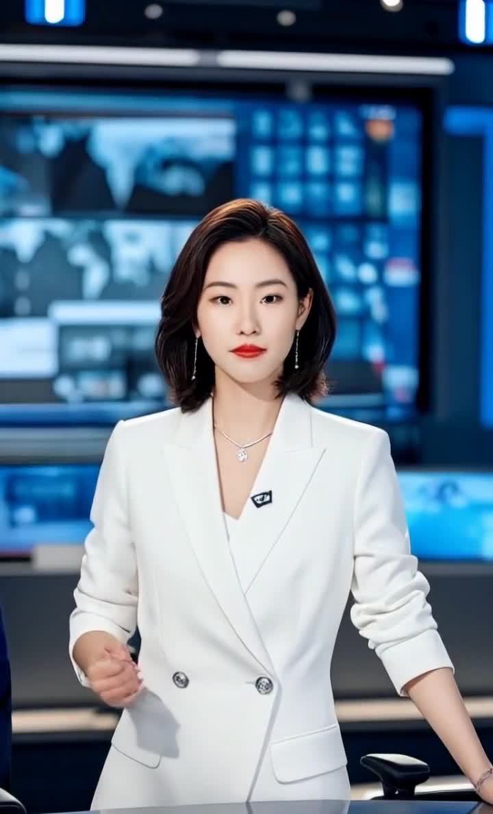 一位女性主播站在新闻演播室内，背景是多块屏幕，上面