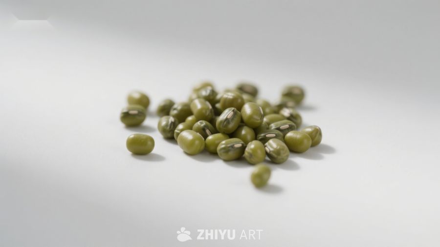 绿色豆子散落在白色背景上