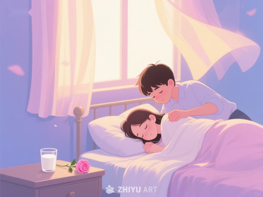 温馨睡前场景：男孩轻抚女孩头发 822