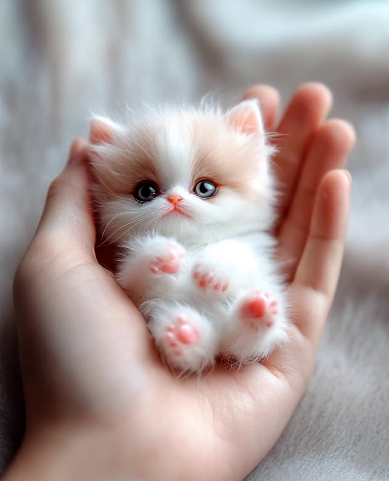 一只毛茸茸的小猫躺在人的手掌中。小猫是白色和浅棕色