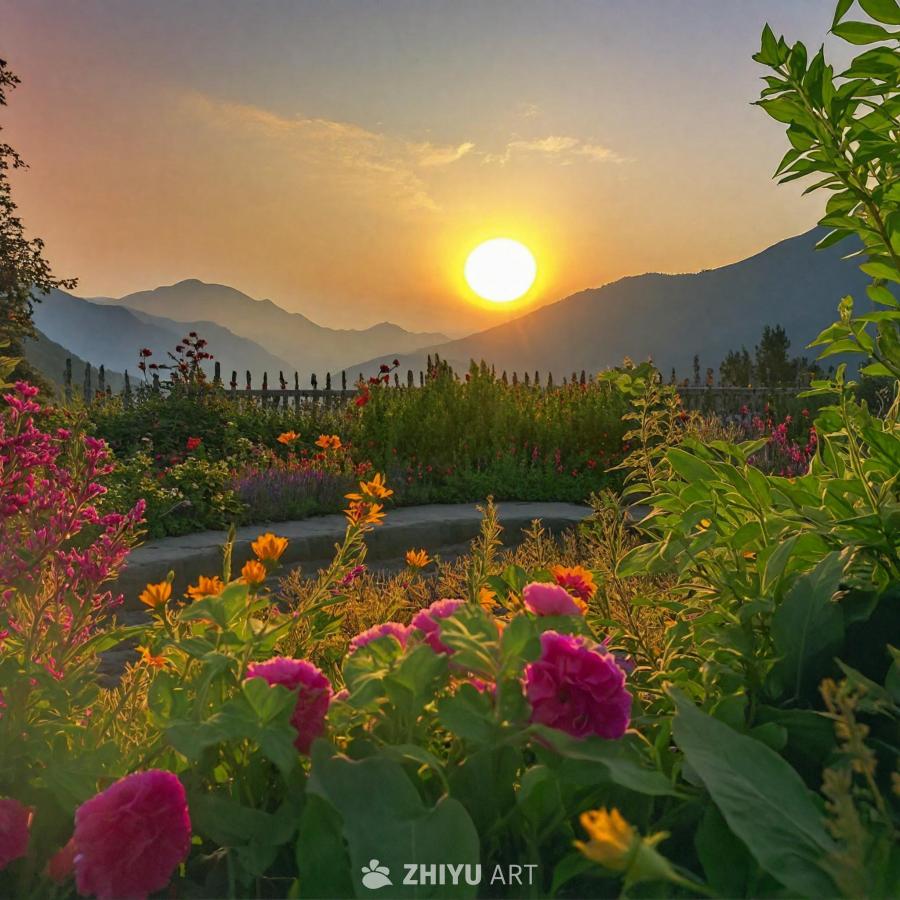 夕阳的光辉洒在连绵的山脉上，云层中透出光芒。山前，