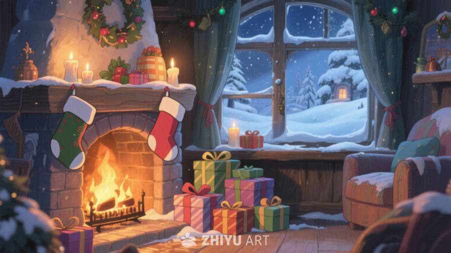 温馨圣诞夜，壁炉旁的礼物与雪景 266