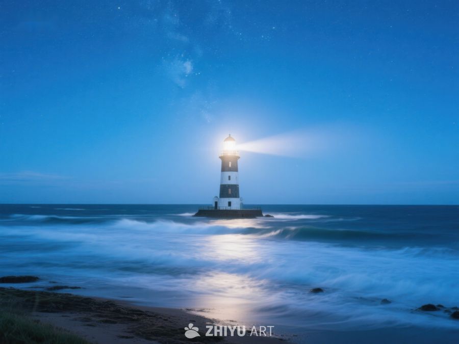 夜幕下的灯塔照亮海面 423