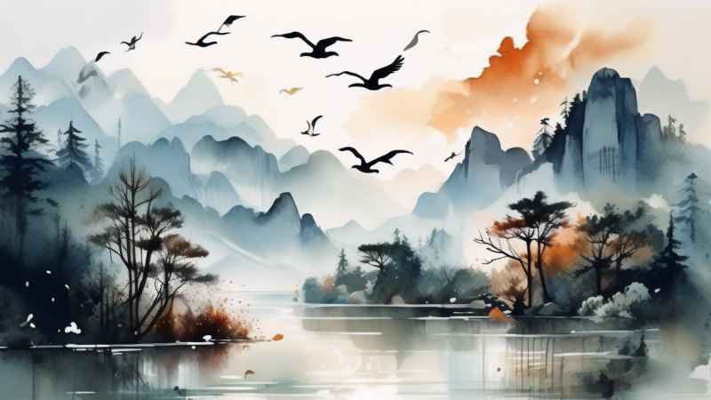 国风山水鹤插画背景 104