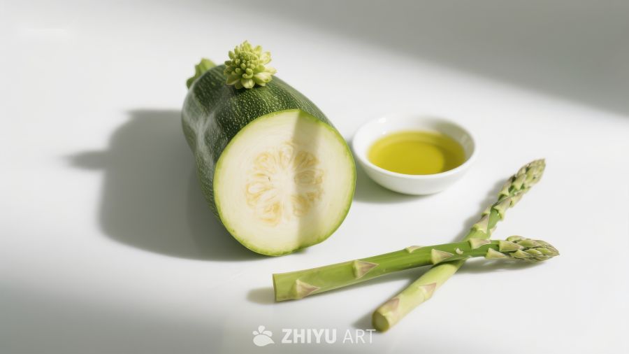 切开的西葫芦与芦笋及橄榄油