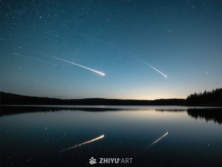 夜空流星划过平静湖面 270