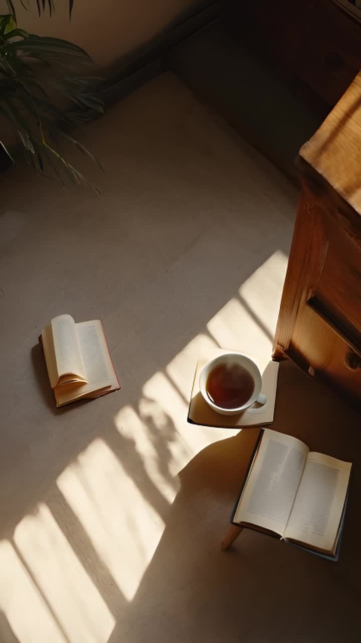 在浅色地面上，有两本翻开的书和一杯茶。茶杯放在一个