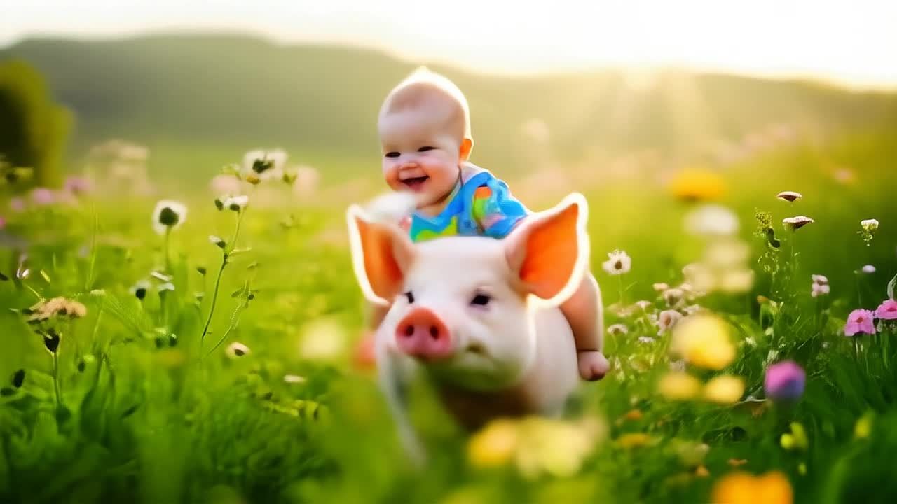 一个穿着彩色衣服的婴儿坐在小猪的背上，背景是阳光明