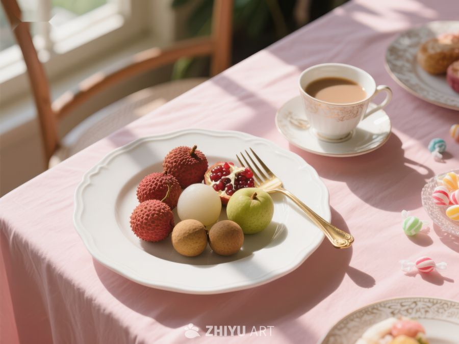 粉色桌布上的水果与茶点 183