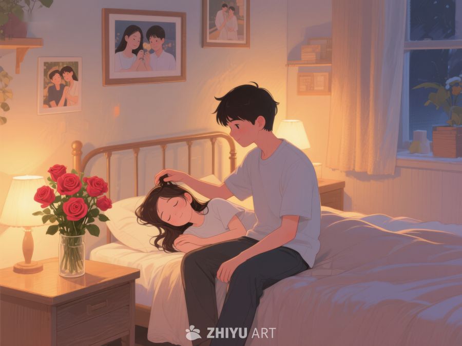 温馨夜晚，床边轻抚的温柔时刻 811