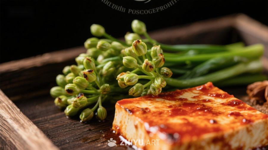煎豆腐配青菜与花蕾