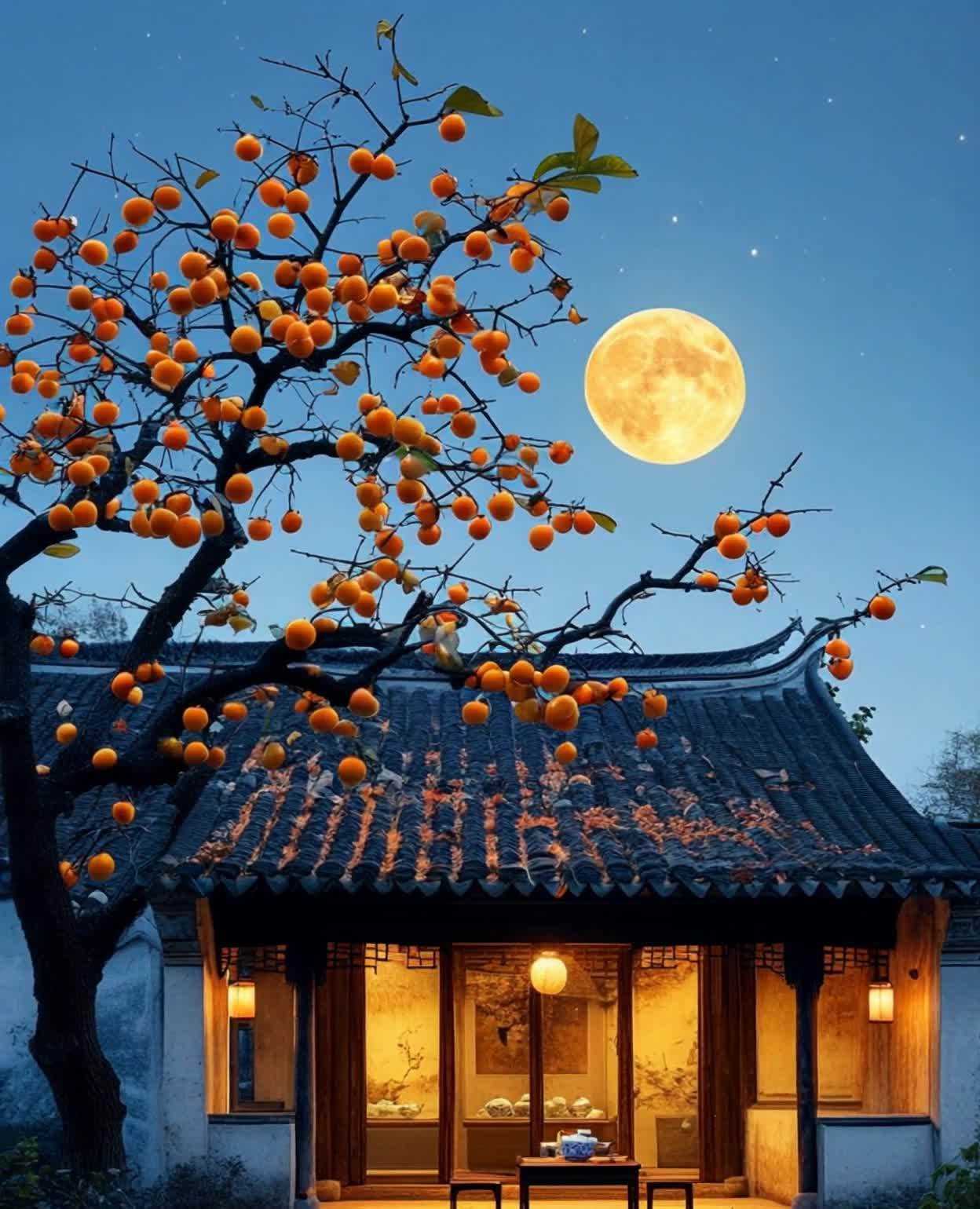 夜幕柿子树下静谧屋舍，圆月悬挂天空。