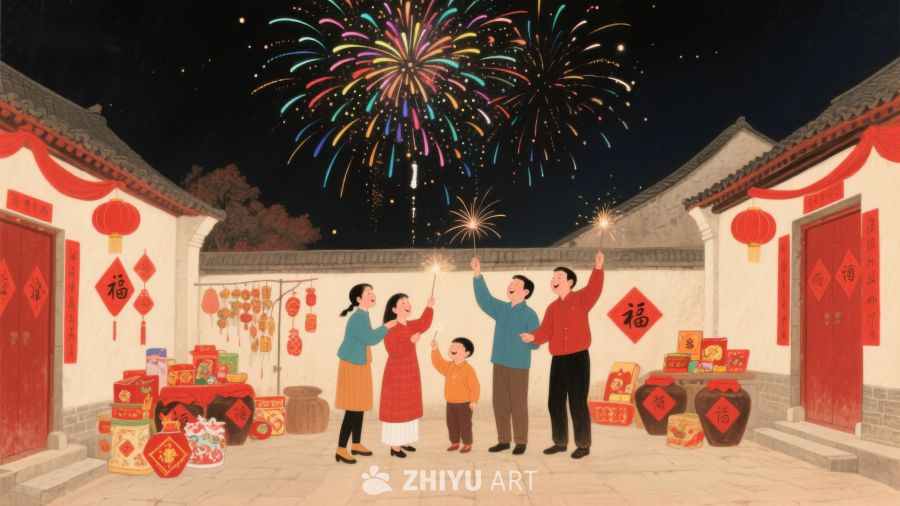 家庭欢庆新年，烟花绽放夜空 505