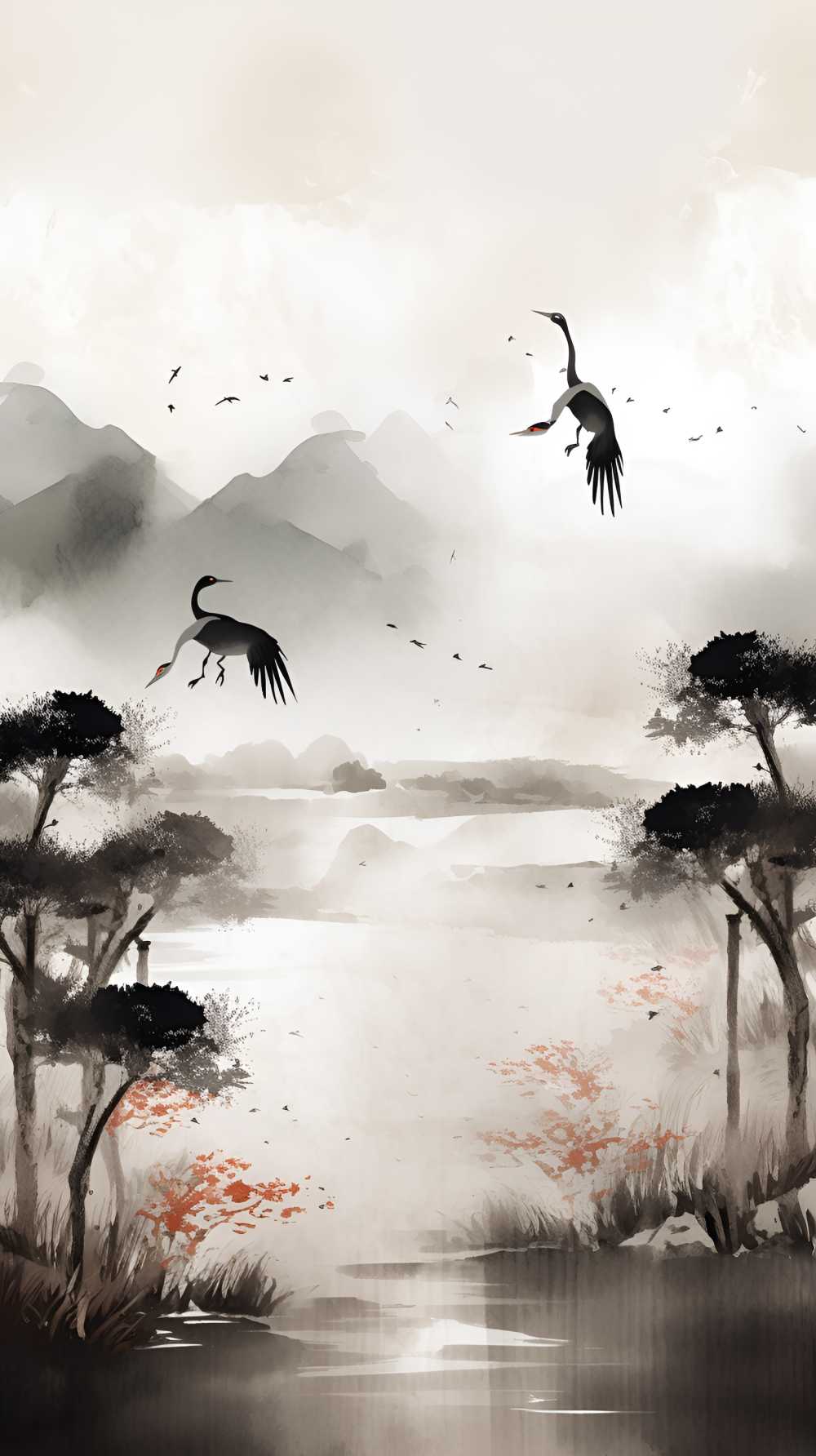 古风黑白桥山水画