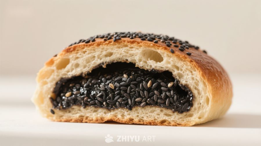黑芝麻馅面包切面特写