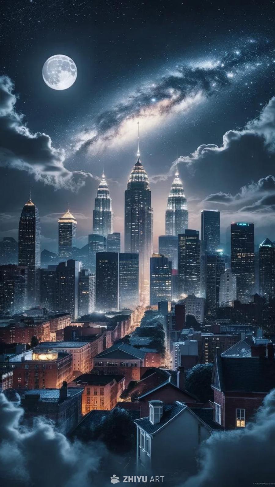 夜幕下的城市景观，从远处眺望。城市灯光像星星般闪烁