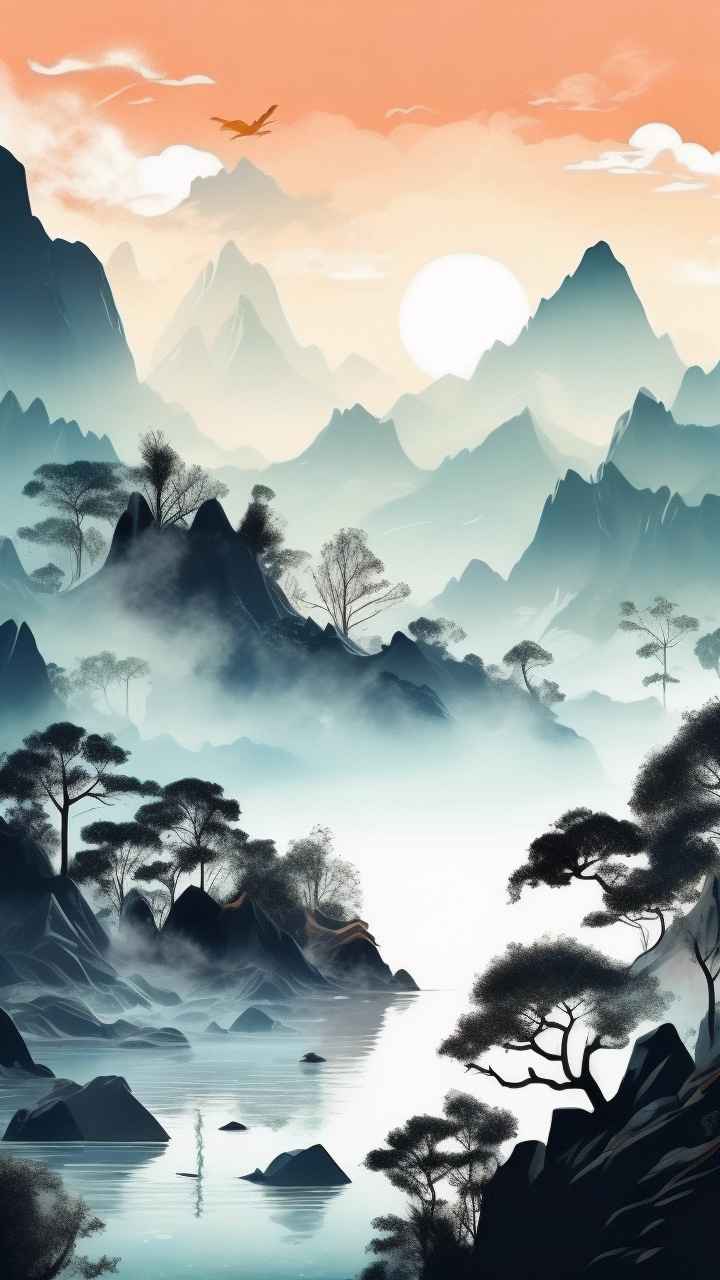 国风水彩画山水风景插画 118