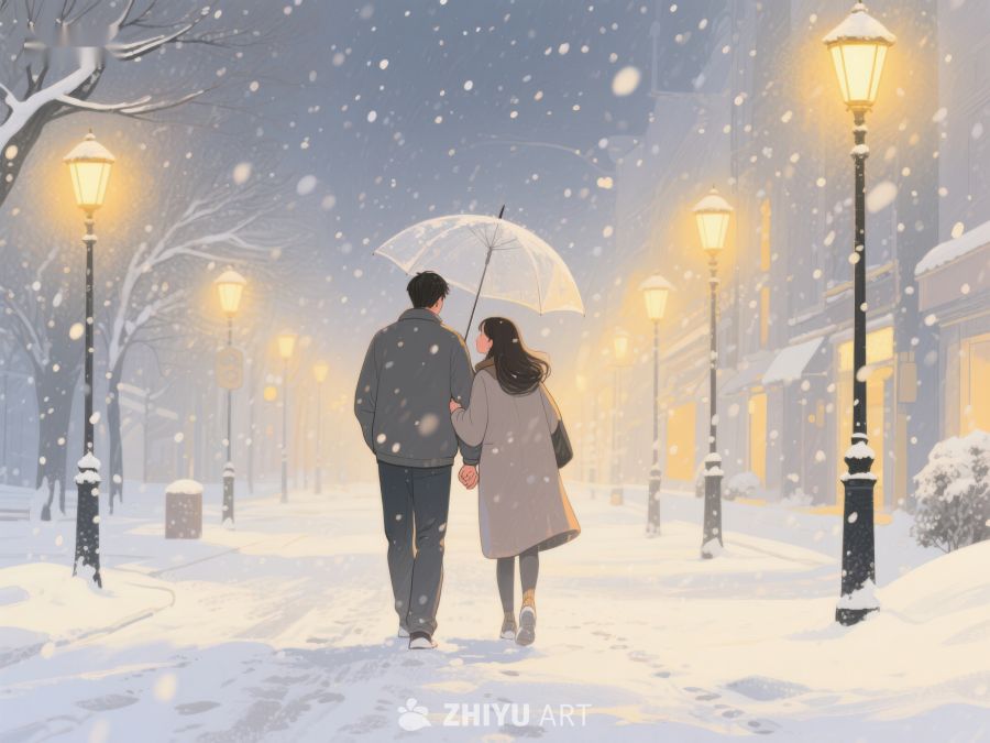 雪夜漫步：伞下情侣的温馨时刻 989