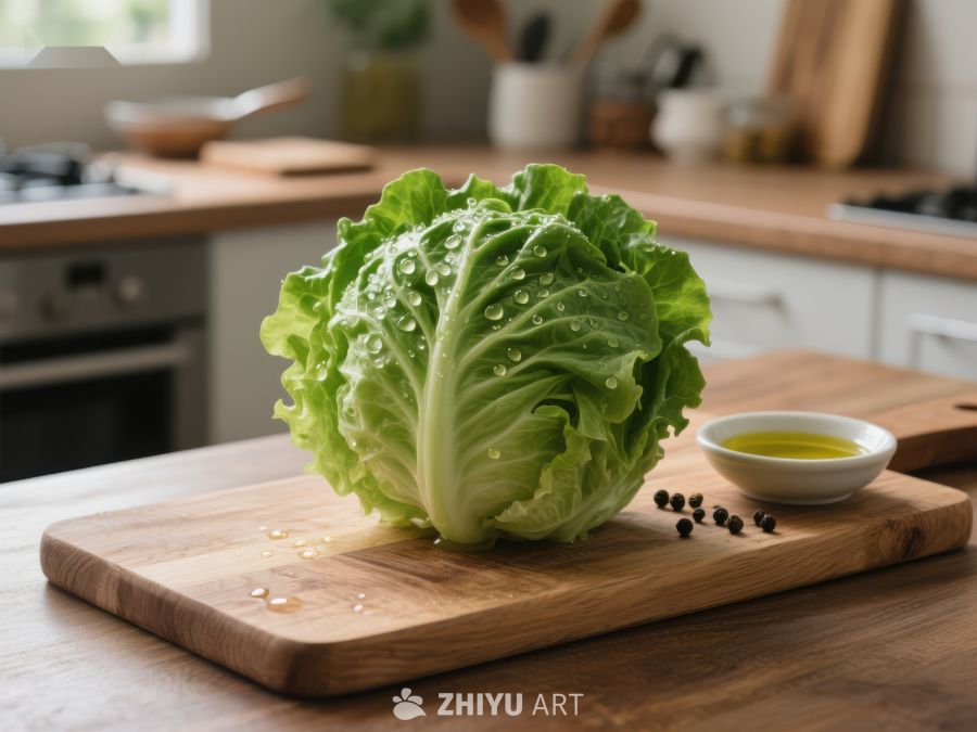 新鲜生菜置于厨房砧板上 610