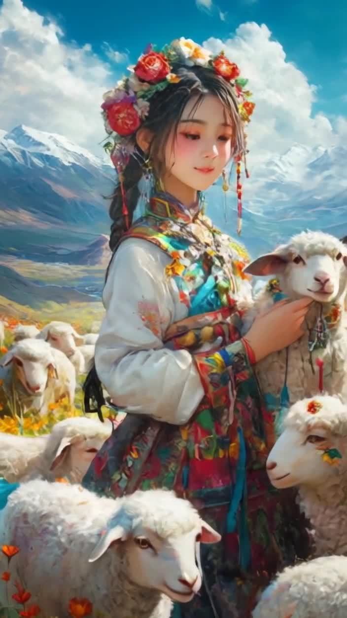 一个穿着民族服饰的年轻女孩，头戴花环，站在一群绵羊